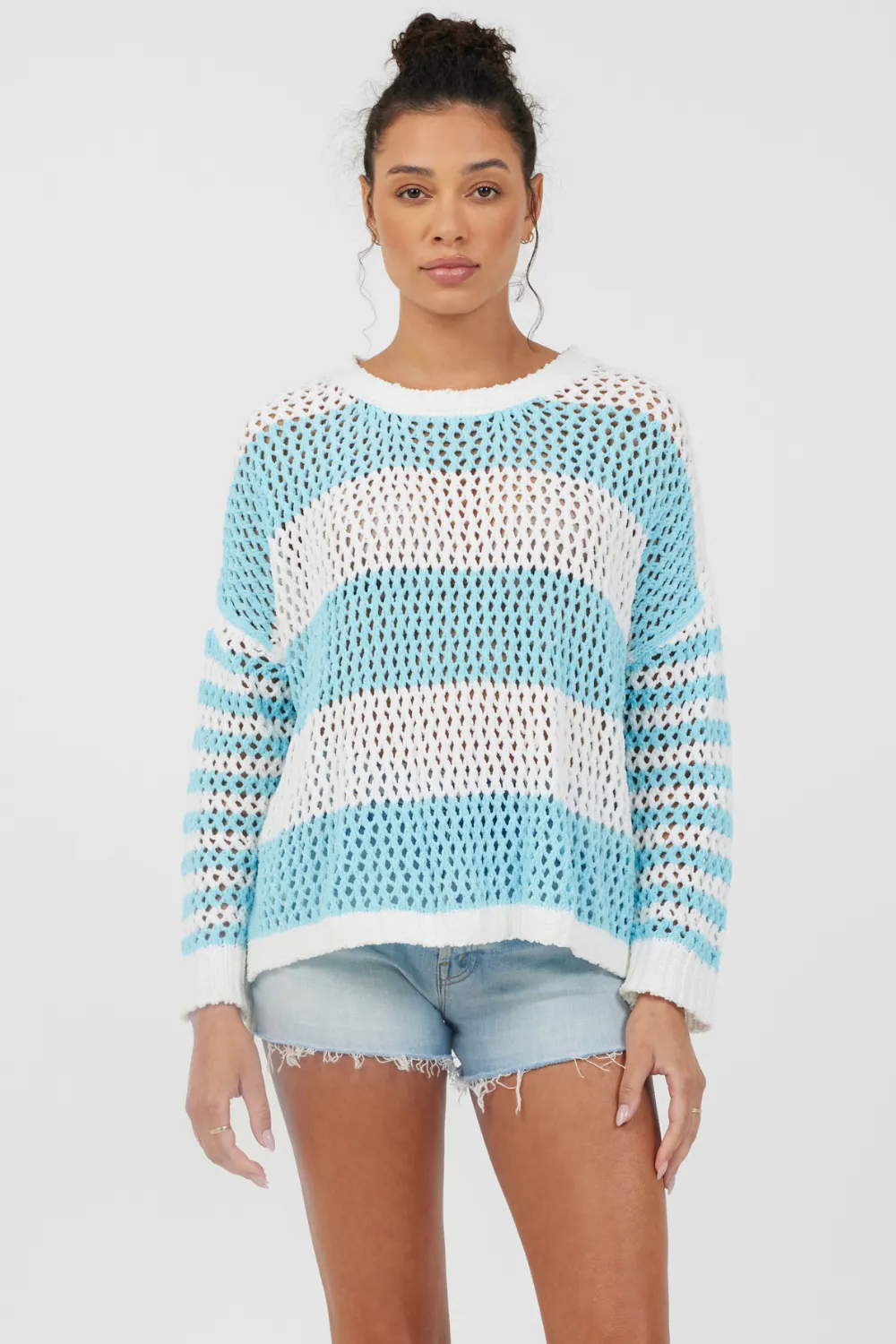 Tropical Turquoise Striped Netted Crewneck