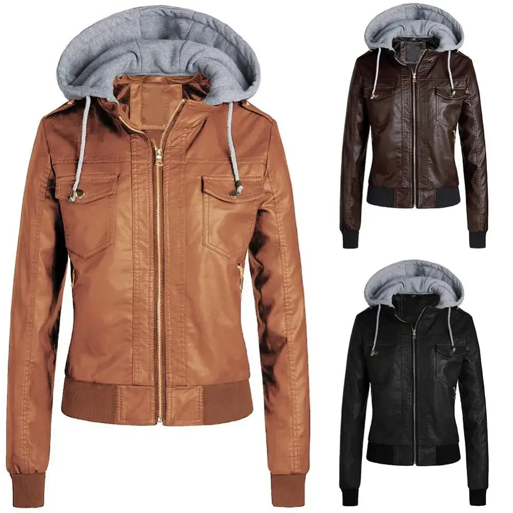 Women Autumn Winter Pure Leather Drawstring Hooded Thickened Short Zip Jacket Ladies Down Coat