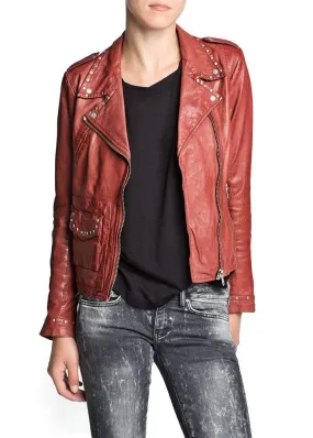 Women Red Genuine Real Leather Jacket Silver Studded Brando Style