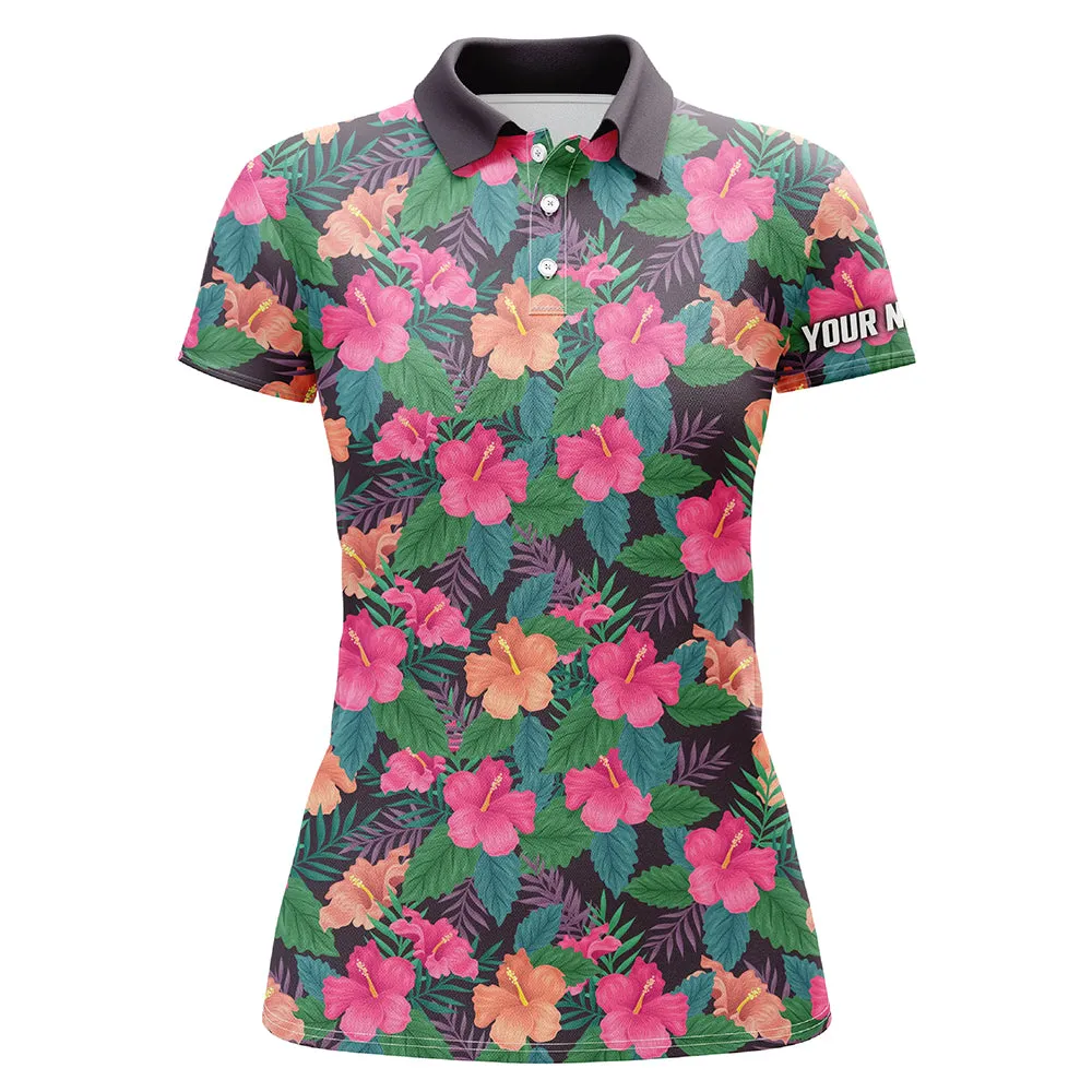 Womens Golf Polos Shirts Custom Name Colorful Hibiscus Flower Tropical Pattern Golf Tops For Women