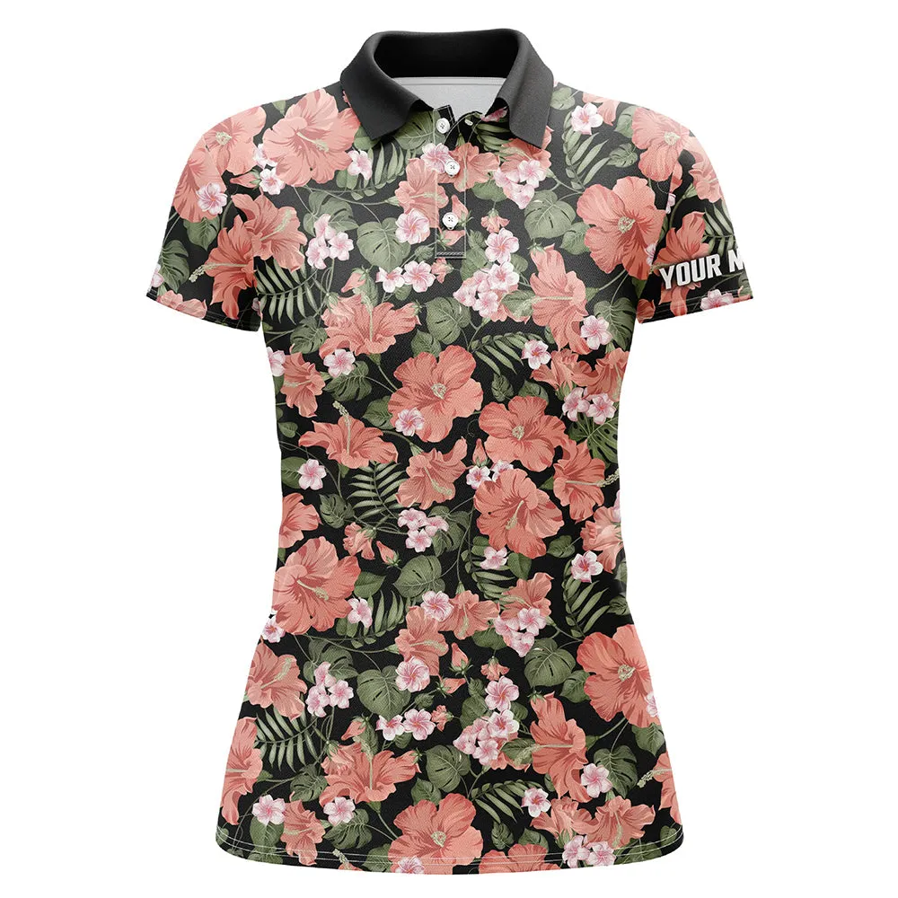 Womens Golf Polos Shirts Custom Name Colorful Hibiscus Flower Tropical Pattern Golf Tops For Women