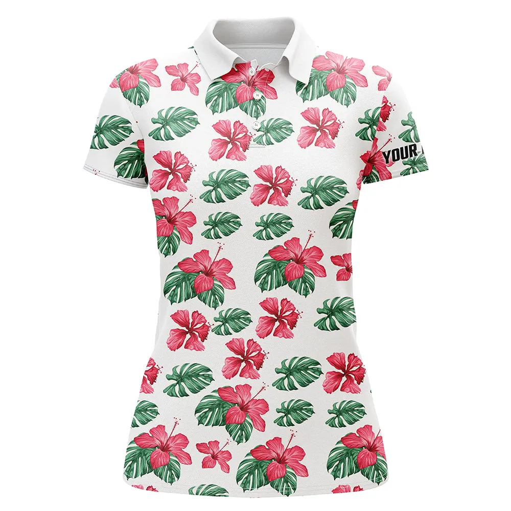 Womens Golf Polos Shirts Custom Name Colorful Hibiscus Flower Tropical Pattern Golf Tops For Women