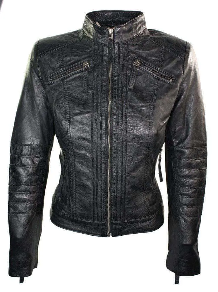 Womens Vintage Style Sheep Leather Slim Fit Biker Retro Black Jacket